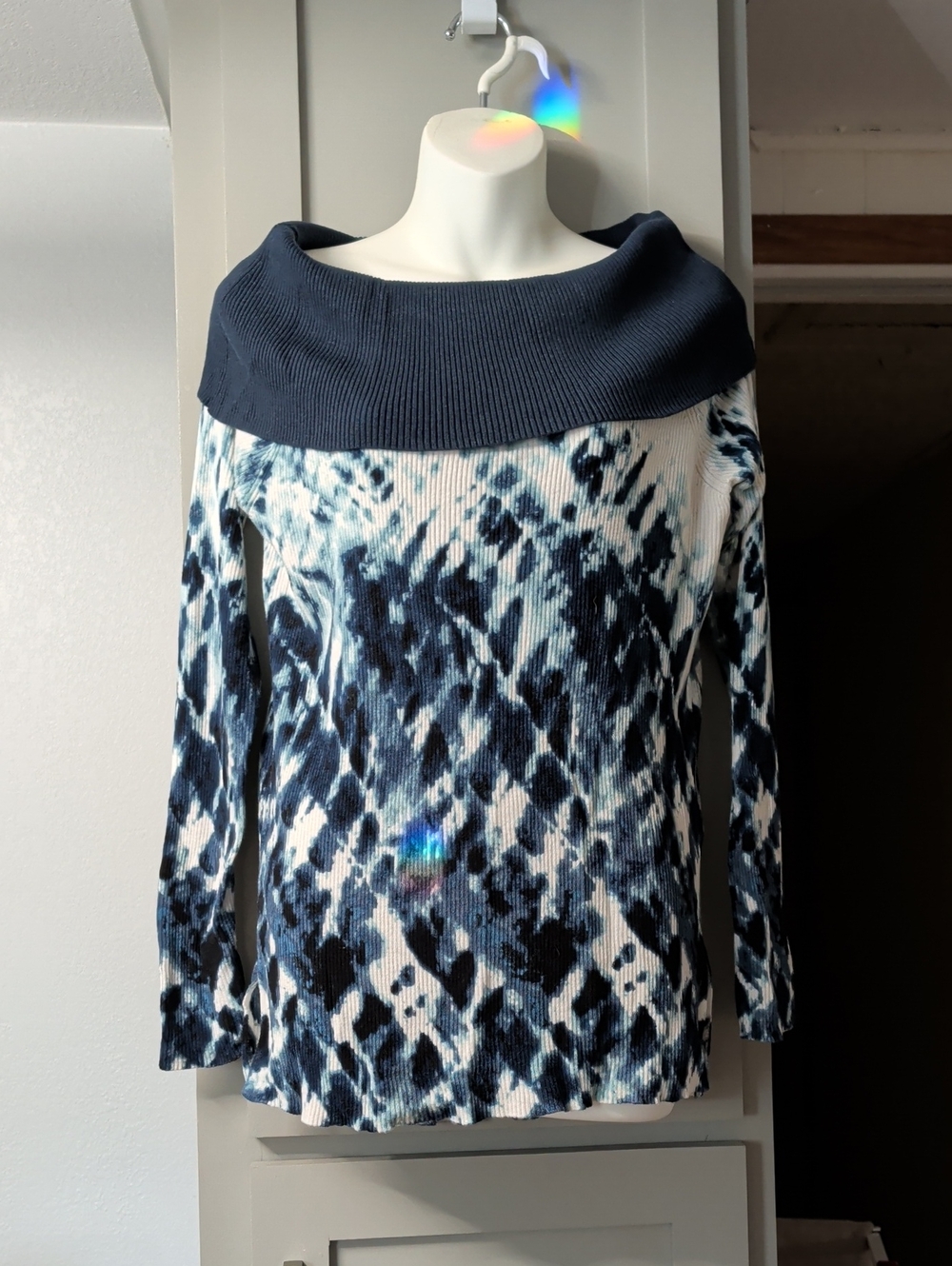 Rock & Republic Navy and White Off-Shoulder Patterned Sweater
